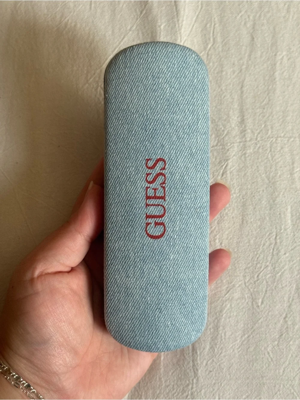 Guess Light Blue Denim Eyewear Case with Red Logo